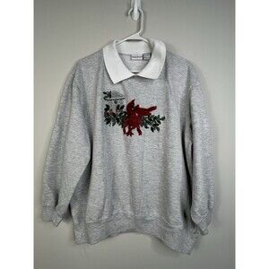 VTG 90s Collared Embroidered Red Cardinal Bird Sweatshirt Large Grandmacore